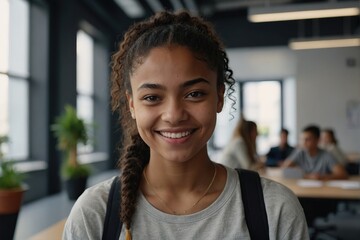 Modern youth representative. Headshot portrait of happy smiling millennial mixed race woman employee student posing in office university,Casual young black female teenager look at camera in good mood