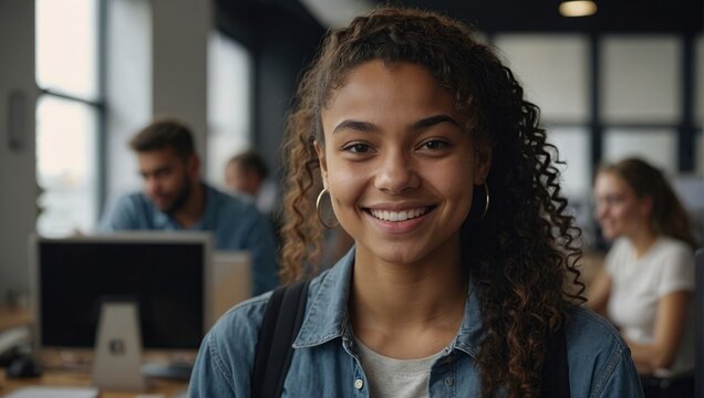 Modern youth representative. Headshot portrait of happy smiling millennial mixed race woman employee student posing in office university,Casual young black female teenager look at camera in good mood