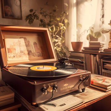 A vintage record player spinning vinyl with a cozy room in the background.