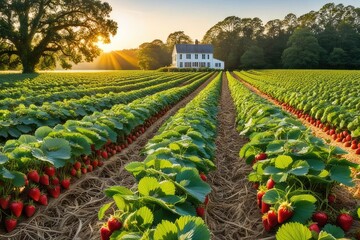 Golden hour illuminates a strawberry field ripe red berries