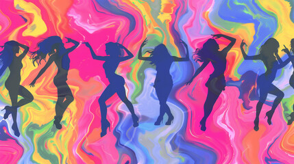 Abstract colorful transparent background with flashy vivid colors and dancing girls silhouettes, joyful rainbow colors and festive club or party atmosphere, women wearing stilettos who dance