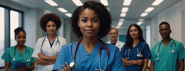 Positive beautiful young African American medical employee woman in blue uniform posing for professional portrait with positive team of doctors behind, looking at camera with hands crossed