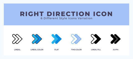Right direction icon set. outline. glyph black. flat color and filled line color