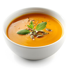 Traditional pumpkin soup in bowl on white background