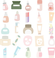 set of pastel color skincare essentials bottles vector illustration. cosmetic element. beauty set