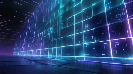Fototapeta na wymiar Futuristic Anime Background with Neon Grid in Blue & Purple