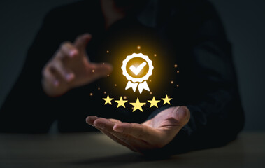 Business Quality Achievement and Excellence Concept. Businessman showcases a glowing five-star rating and award badge, symbolizing high quality and excellence in business. - obrazy, fototapety, plakaty
