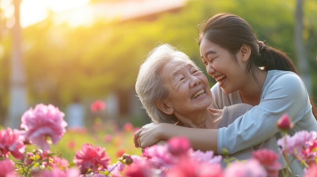 A joyful moment between a young woman and an older lady, as they share a hug while sitting in a field of flowers.. Fictional Character Created By Generated By Generated AI.