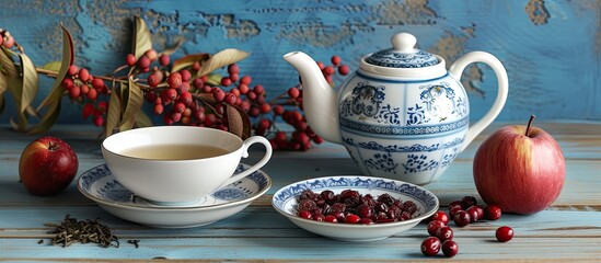 Obraz na płótnie Canvas A white teapot sits on a blue dish next to a coffee cup and a bowl filled with cranberries.