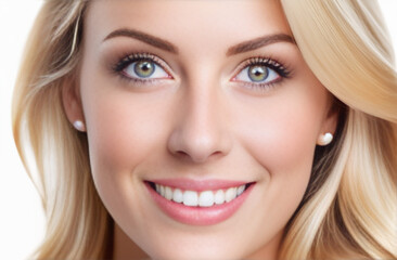 Fototapeta premium Woman with blond hair smiling, looking into camera in white t-shite on white background.