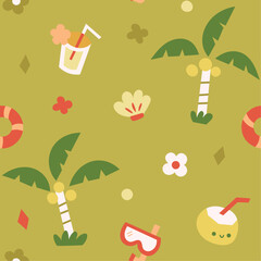 Stylish summer beach elements seamless background. Tropical pattern. Modern hand-drawn print for fabric, surface, wallpaper. - 746530171