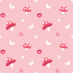 Seamless cozy pattern with vector mushroom elements. Cute background design. - 746530174