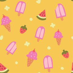 Stylish ice cream seamless background. Tropical fruits pattern. Modern hand-drawn print for fabric, surface, wallpaper. - 746530180