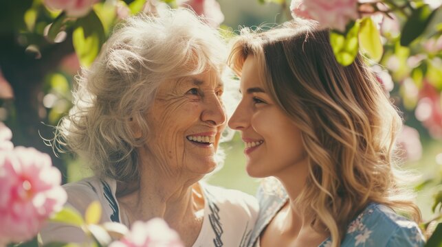 A heartwarming moment between a young woman and an older lady. Fictional Character Created By Generated By Generated AI.