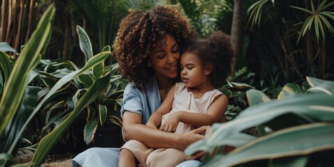A heartwarming moment between a mother and her child in a lush, tropical setting. Fictional Character Created By Generated By Generated AI.