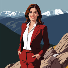 Businesswoman standing on top of mountain representing triumph of success and achievement, vector illustration