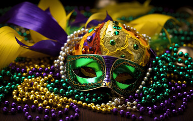 Festive Mardi Gras Party Favors Featuring Masks Beads and Hats Isolated on White Background.
