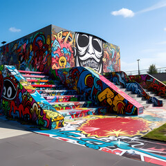 Graffiti-covered skateboard ramp in a skatepark.