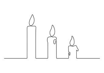Continuous one line drawing of three candles. Isolated on white background vector illustration. Pro vector
