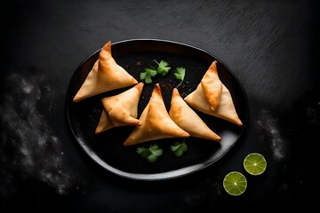 Top down view of a plate with indian samosas on a dark black stone texture background with space...