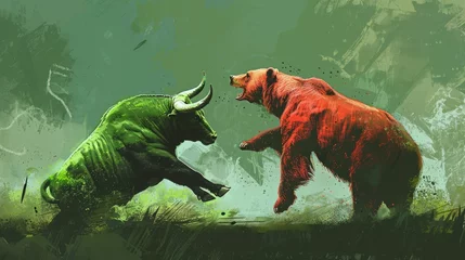Zelfklevend Fotobehang illustration of a green bull fighting a red bear --ar 16:9 --v 6  © Marvin