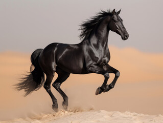 Obraz na płótnie Canvas Black horse runs on sand in the desert