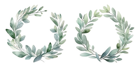 Watercolor illustration set with eucalyptus wreaths. Isolated on transparent background. Perfect for card, postcard, tags, invitation, printing, wrapping. - obrazy, fototapety, plakaty