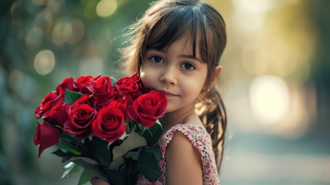 A little girl holding a beautiful bouquet of red roses. Fictional Character Created By Generated By Generated AI.