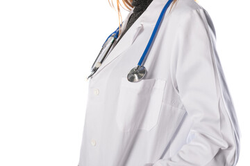 details of a young female doctor with lab coat and stethoscope