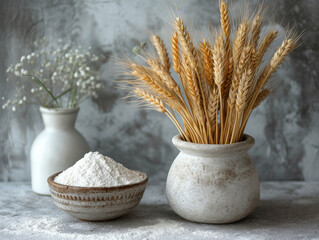 Wheat flour in bowl with spikelets on gray background
