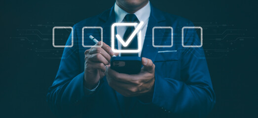 Business performance checklist, businessman using smartphone doing online checklist survey, filling out digital form checklist, take an assessment, questionnaire, evaluation, online survey.
