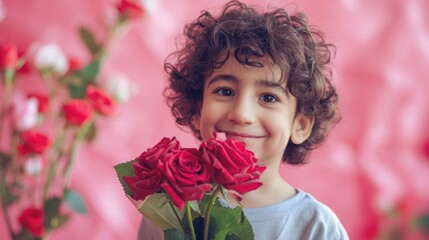 A Little Boy is Happily Holding a Flower Bouquet. Fictional Character Created By Generated By Generated AI.