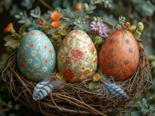Easter eggs in nest with flowers