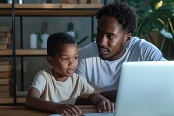 A Father Teaching His Son How to Use a Laptop. Fictional Character Created By Generated By Generated AI. - obrazy, fototapety, plakaty