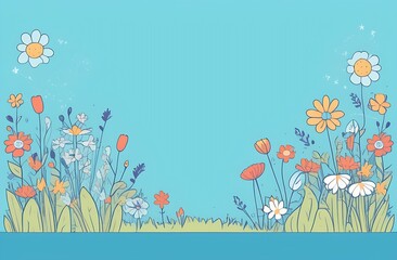 Illustration of delicate wildflowers on blue background, frame with place for text, greeting card concept, spring, summer, flower composition