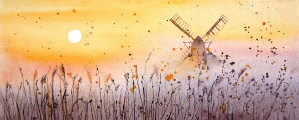 Zelfklevend Fotobehang Hand painted watercolor misty landscape with the windmill. Watercolor sunrise landscape with the windmill in the mist. Misty sunset landscape. © Maryna