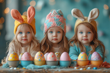 Three cute little sisters are wearing bunny ears and sitting at table with Easter eggs.