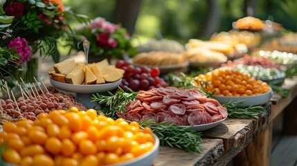 banquet table with fruits, salads and fresh pastries in the summer garden.
Concept: vegetarian cuisine, summer parties, catering services