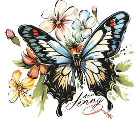 a drawing of a butterfly with flowers and the words friends, in the style of airbrushing, tondo, group material, translucent color, enamel, embroidery, simple designs --ar 23:20