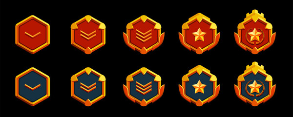 3d gold game level rank set. Realistic style and two base colors: red and blue. Stars and crown.