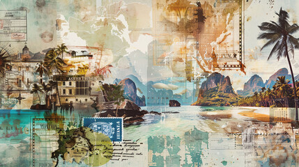 Vintage Travel Collage with Tropical Imagery