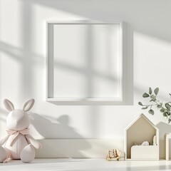 Generative AI image of A close up white minimal photo frame horizontal display in mid century modern interior style kids room, with white wall, bright ambient