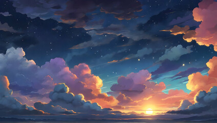 Night sky clouds. The sun has set. Background design. Cartoon or anime illustration style. - obrazy, fototapety, plakaty