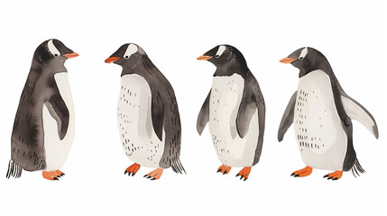 Conjunto de pinguins isolados sobre fundo branco. Ilustração em aquarela.