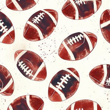Generative AI image of a football pattern on a white background, in the style of dark crimson and dark brown, cute cartoonish designs