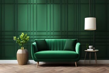 Modern Living Room with Green Armchair on Dark Green Wall. Interior Design, Stylish Home Deco