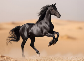 Black horse runs in the desert