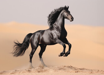 Naklejka na ściany i meble Black horse runs on sand in the desert
