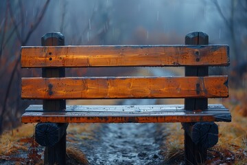 Empty weathered wooden bench glistening with raindrops in a serene, misty autumn park setting