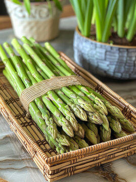 Asparagus is healthy vegetable. A photo of a bunch of asparagus on a table